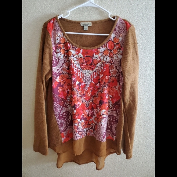 One World Floral Chiffon Boho Long Sleeve Top - Picture 1 of 3